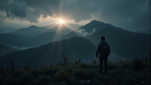 A lone hiker stands on a mountain ridge, gazing at the sun setting over misty, forested peaks under a dramatic cloudy sky.
