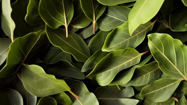 Fragrant bay leaves forming rich textural pattern, highlighting herbal depth and culinary potential against pristine white surface