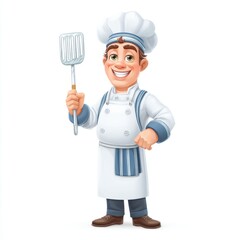 Cartoon Chef Character in White Uniform Holding Spatula with Cheerful Expression for Cooking and Culinary Themes