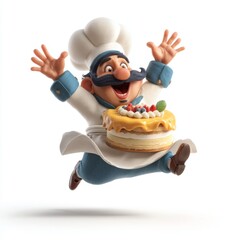 Cheerful cartoon chef character excitedly jumping with a delicious cake topped with strawberries and mint leaves in hand