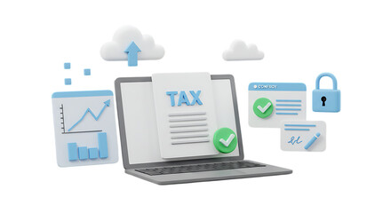 3d render of online tax filing system on laptop screen isolated on white background