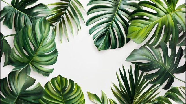 Green leafy background of palm trees on a white background.