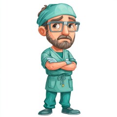 Cartoon Character of a Concerned Surgeon with Beard and Scrub Cap, Expressing Anxiety in a Medical Setting
