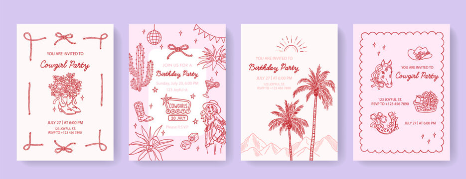 Creative set of 4 vertical cards with sample text and hand drawn design elements. Trendy templates for party, wedding, bachelorette, celebration, ads, banner, cover. Cowboy wild western concept