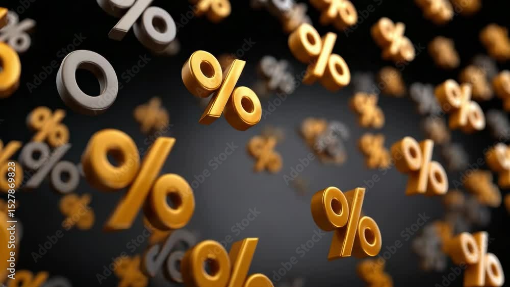 Poster Bond Yields concepts, Floating golden and silver percentage symbols create dynamic finance visuals with discounts in motion.