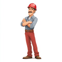 Cartoon construction worker in helmet with crossed arms standing confidently, showcasing strength and reliability in a playful design
