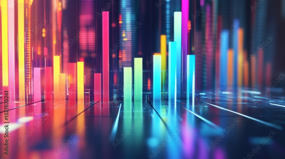 Poster a d bar chart with vibrant colors rising from a reflective surface, set against a futuristic digital
