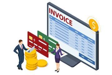 Isometric Modern vector illustration for e-billing, accounting, and online finance management. Digital financial transaction Smartphone with e-invoice, dollar sign, and coin stacks