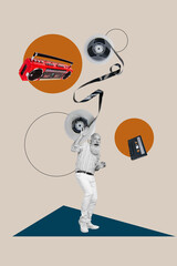3d pop image vertical art collage of happy girl guy dance weekend chill occasion retro cassette boombox player celebration