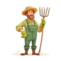 Cheerful Farmer Character Holding Pitchfork Wearing Straw Hat and Green Overalls on a Sunny Day in the Countryside