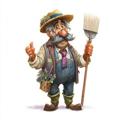 Cheerful gardener character with a pitchfork, straw hat, and floral basket, showcasing a friendly and vibrant personality