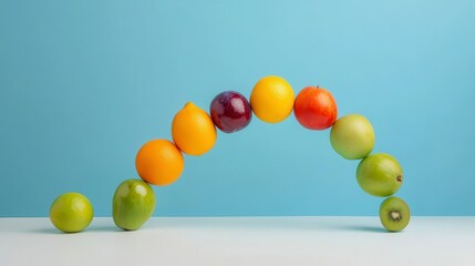Fototapeta premium Colorful Arrangement of Fresh Fruits in Circular Formation on a Light Blue Background