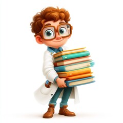 Young scientist character holding colorful books in a cheerful pose, ideal for educational themes and children's content