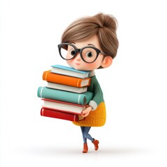 Cheerful girl carrying stack of colorful books, showcasing love for reading, education, and knowledge discovery in a joyful setting