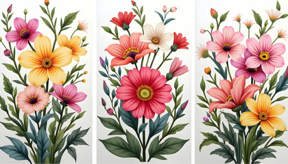 Elegant Floral Triptych with Watercolor Style and Pastel Hue Harmony Creation