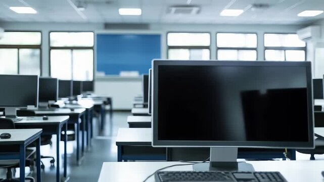 Empty computer classroom highlighting rows of black screen monitors, showcasing modern learning environment with organized digital workspace and advanced educational technology