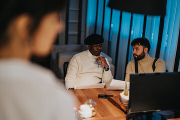 A group of professionals convening in a contemporary office space, showcasing teamwork and...