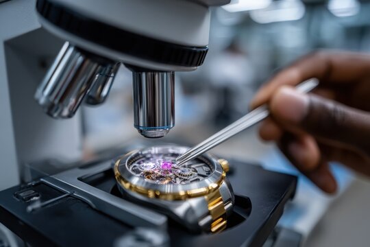 The image shows a watchmaker working under a microscope, focusing on intricate details of a luxury watch movement, highlighting the precision and skills required in horology.