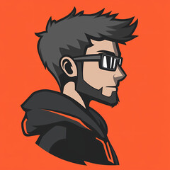 Cartoon profile of a man with glasses and a hoodie on orange Generative AI