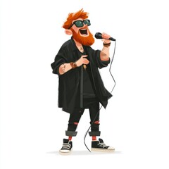 Vibrant cartoon character with red hair singing into microphone while wearing stylish sunglasses and modern outfit on white background