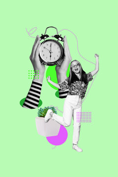 Vertical poster art pop image collage of happy business girl guy stand deadline clock expire limit countdown timepiece regime