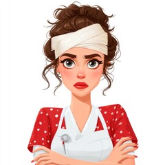 Young woman with red polka dot shirt and white apron looking frustrated with bandage on her head in a bright kitchen setting