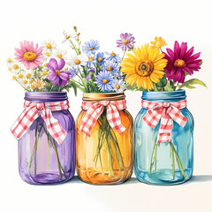 Flowers in colorful mason jars with gingham ribbon decoration Generative AI