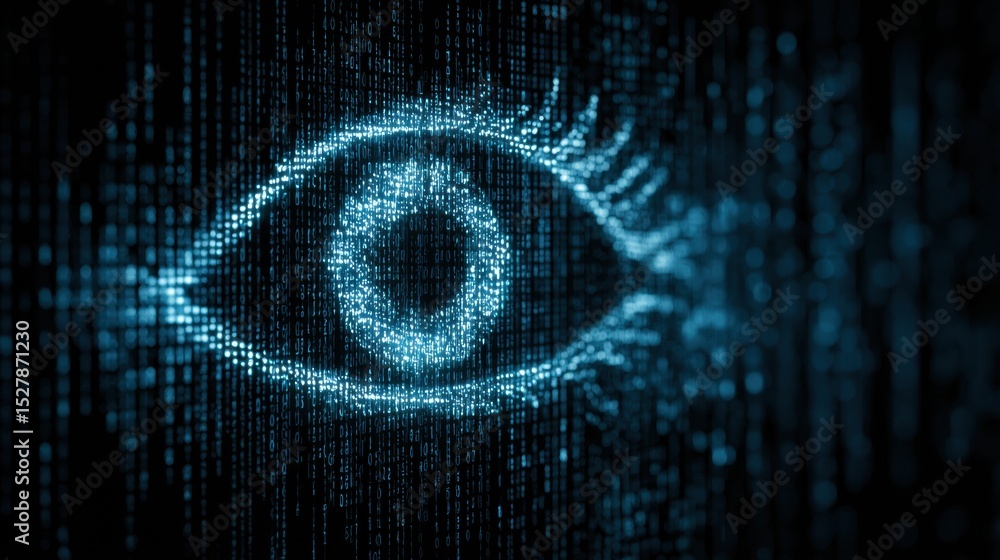 Poster abstract digital eye symbol glowing in blue matrix background with an open space on the right