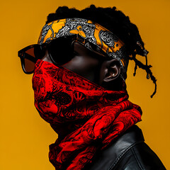 Man with dreadlocks wears scarf over face against yellow background Generative AI