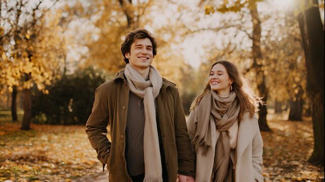Young couple walks and smiles in a park with autumn leaves during a beautiful sunny day - Powered by Adobe