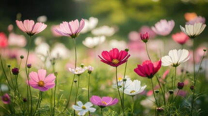 Bright cosmos flowers of pink, red, and white swaying in the breeze against a green field