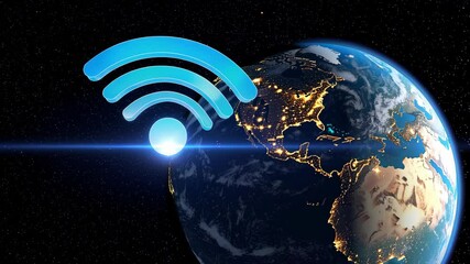 Global internet coverage concept with animated Wi-Fi icon orbiting Earth, symbolizing connectivity, digital communication, satellite data transfer, and modern global technology access - Powered by Adobe