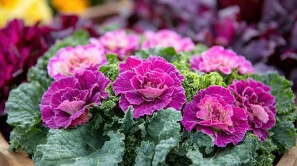 Obraz premium Bright ornamental kale and flowering cabbages in vivid pinks and purples in a city park