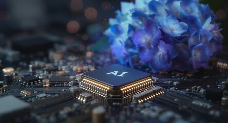 Obraz premium Ai Chip on Circuit Board with Flower