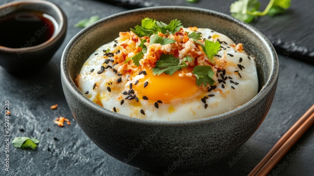 Poster A beautifully presented bowl of steamed egg, topped with crab meat and chopped cilantro, placed on a dark slate background with a side of soy sauce.