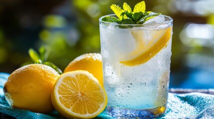 A beautifully styled glass of lemonade with ice, placed on a bright cloth, with condensation on the glass reflecting the summer heat and thirst-quenching qualities.