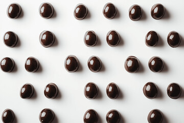 Fototapeta premium Chocolate covered peanuts scattered on white background, glossy texture and minimal snack composition in clean style