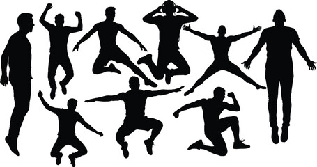 Jumping Men Silhouettes Vector Set - Diverse Action Poses, Energetic Jumping Figures,Fitness and Lifestyle Silhouettes,men sillhoutte vector pack
