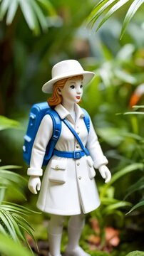 Female figurine dressed as an explorer wearing a pith helmet, backpack, and white clothing in a lush, tropical jungle setting filled with various greenery