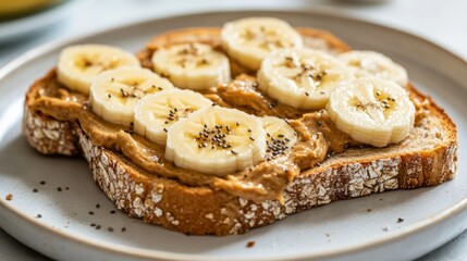 A beautifully styled shot of toasted bread with a spread of almond butter, topped with sliced bananas and chia seeds, arranged on a white plate with soft natural lighting.