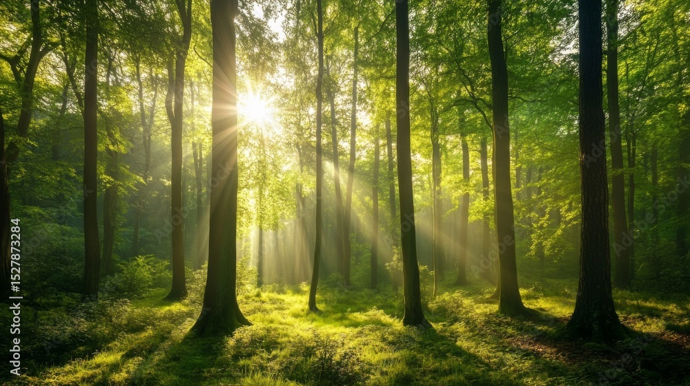Poster a beautiful forest scene with tall trees and dappled sunlight filtering through the leaves, highligh