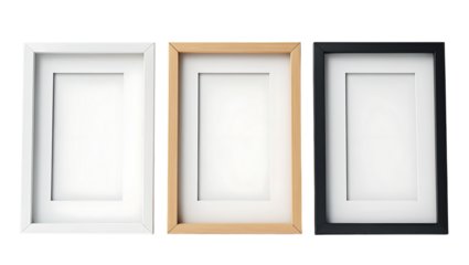 Three empty picture frames in white black and wood isolated on white background