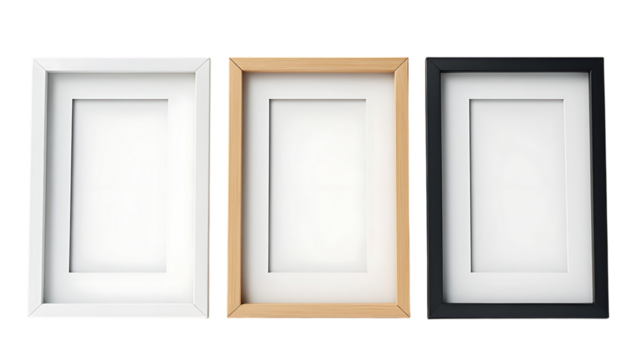 Three empty picture frames in white black and wood isolated on white background