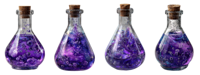 Colorful potion bottles with purple liquid and bubbles in flasks