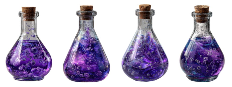 Colorful potion bottles with purple liquid and bubbles in flasks