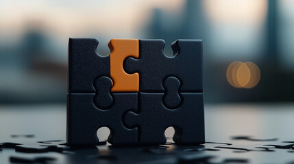 A black and orange puzzle piece is being placed into the right spot on top of three other pieces. The background should be blurred with a city skyline in soft focus, creating an atmosphere that symbol