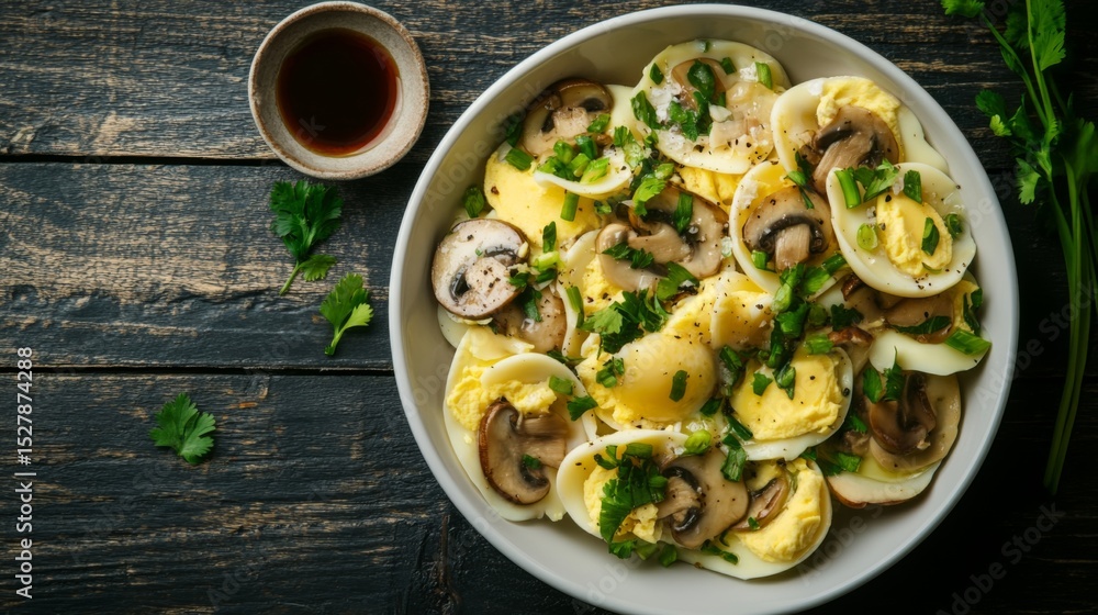 Poster a bowl of soft steamed egg garnished with thin slices of mushrooms, spring onions, and cilantro, pla