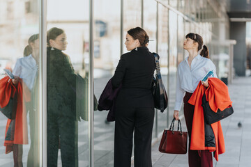 Two businesswomen outdoors, dressed professionally, having a discussion. They appear engaged and...