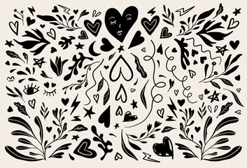 Abstract doodle heart illustration. Folk art style Valentines day hearts, flower and plants. Isolated vector objects.	
