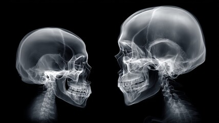 Comparative X-ray of two human skulls at different ages, medical anatomy focus, front-facing view, isolated black background, grayscale image